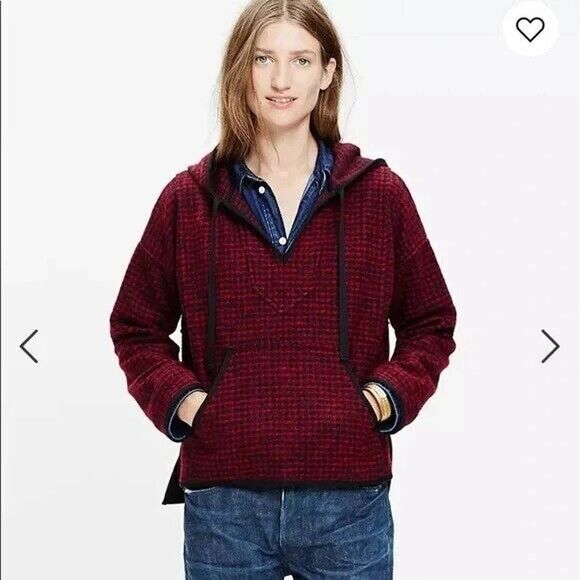Madewell Tops - 𝅺MADEWELL Red Black Brushed Houndstooth Hoodie XS Pocket Oversized